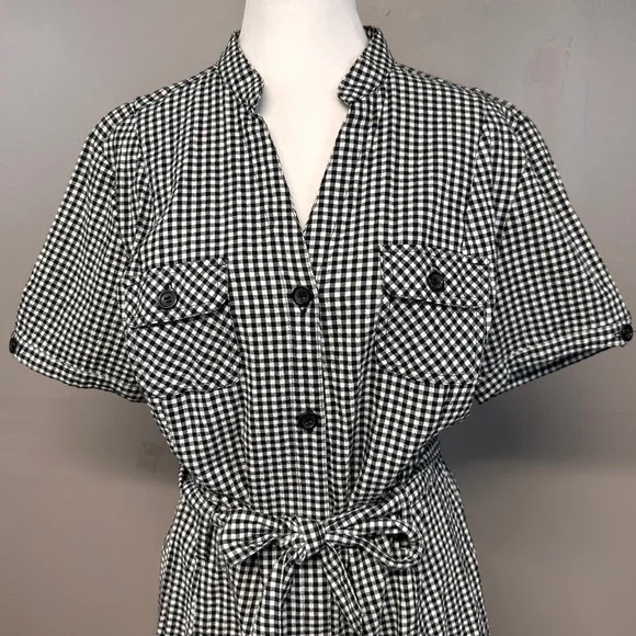 White Stag Gingham Plaid Seersucker Button Shirt Dress Tie Waist Cottage Country - Picture 4 of 15
